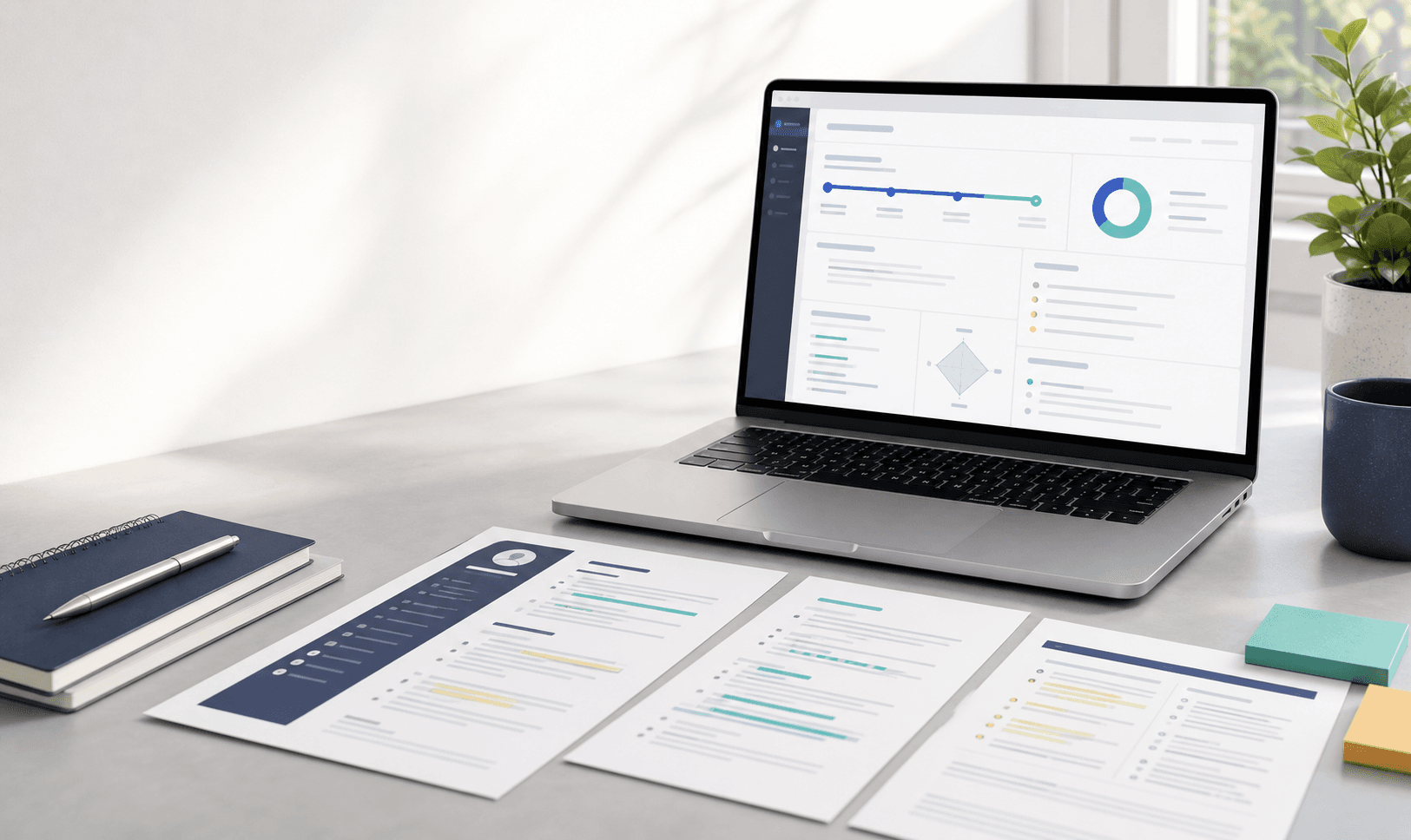 A clean workspace with a resume review dashboard and job application notes